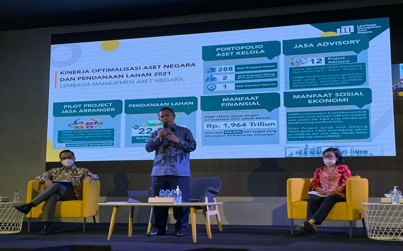 Direktur Utama LMAN Basuki Purwadi (tengah) dalam gelaran taklimat media kinerja 2021 dan rencana kerja 2022, di kantor LMAN, Jakarta, Selasa (25/1/2022)./Wibi Pangestu Pratama - Bisnis