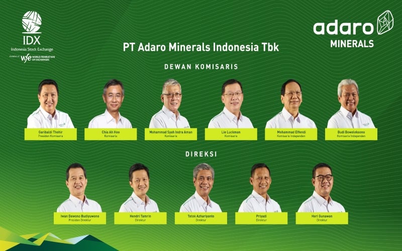 Jajaran komisaris dan direksi PT Adaro Minerals Indonesia Tbk. (ADMR), perusahaan pertama yang listing di Bursa Efek Indonesia pada 2022, tepatnya pada Senin (3/1/2022). Istimewa