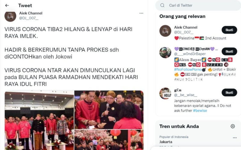  Cek Fakta: Beredar Foto Presiden Jokowi Rayakan Imlek Tanpa Masker