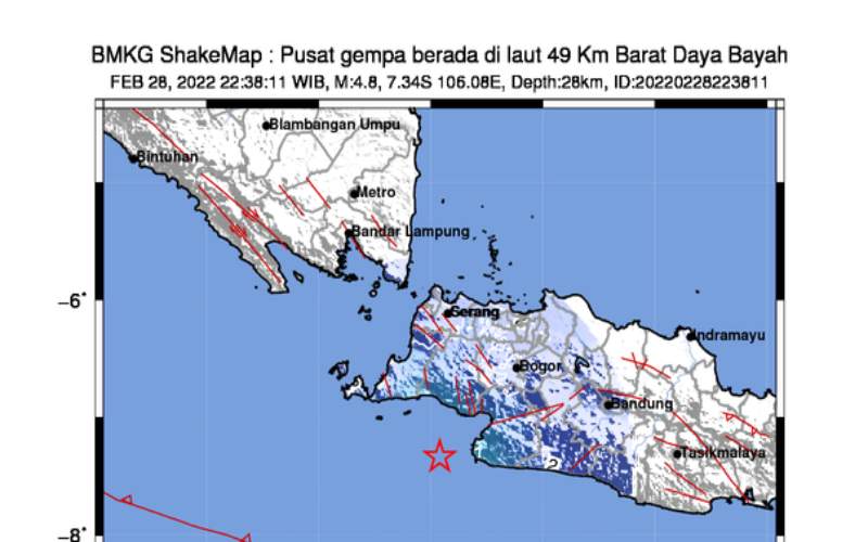  Gempa Bumi Magnitudo 4,8 Berpusat di Barat Lebak, Banten