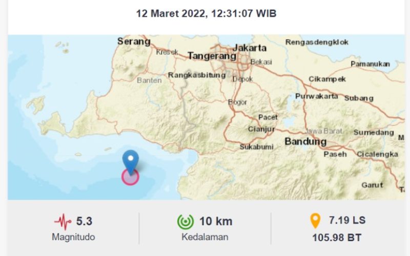 Gempa hari ini berasal di laut Banten dengan kedalaman 10 km, terasa hingga ke Bogor, Tangerang, dan Sukabumi.