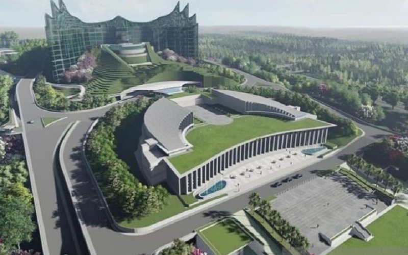 Desain eksterior yang bakal menjadi Istana Kepresidenan di Ibu Kota Negara Nusantara di Kalimantan Timur, Selasa (4/1/2022)./ Antara @nyoman_nuartarnrn