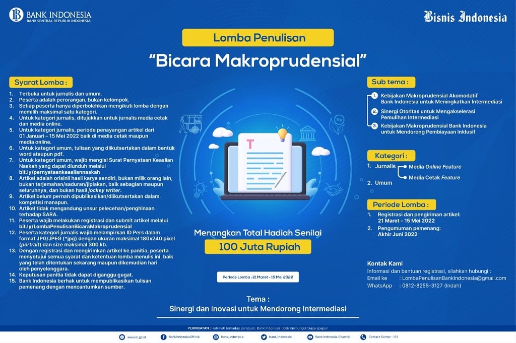  Bank Indonesia Gelar Lomba Penulisan Artikel tentang Makroprudential