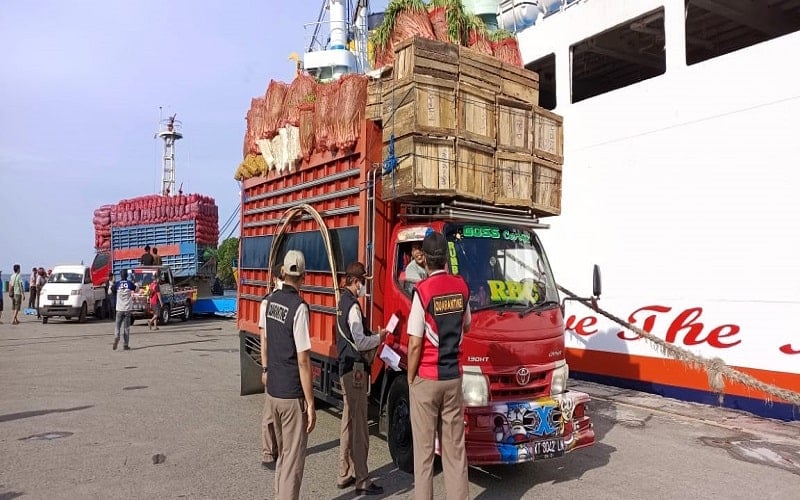Pejabat Karantina Pertanian Balikpapan memeriksa kendaraan angkutan yang membawa sejumlah produk pertanian dari Kota Surabaya dan Pare-Pare./Istimewa
