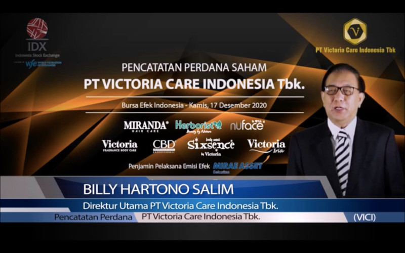 Direktur Utama PT Victoria Care Indonesia Tbk. (VICI) Billy Hartono dalam Serenomi Virtual IPO Victoria Care, Kamis (17/12/2020) 