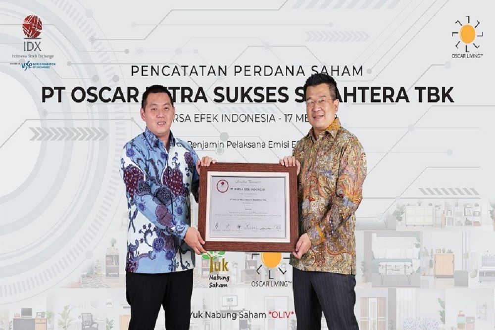 Seremoni Virtual Pencatatan Perdana Saham PT Oscar Mitra Sukses Sejahtera Tbk. dengan kode saham OLIV, sebagai Perusahaan Tercatat ke-20 di Bursa Efek Indonesia (BEI) pada tahun 2022, Selasa (17/5/2022)/Dok.BEI. 