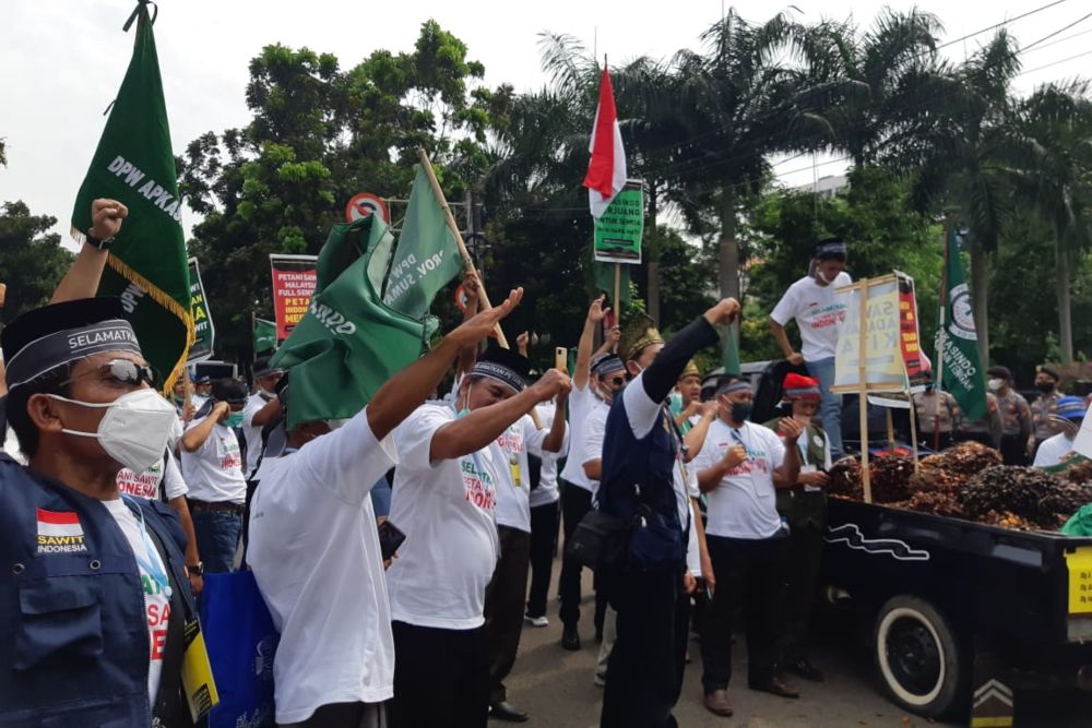 Petani Sawit yang tergabung dalam Asosiasi Petani Kelapa Sawit Indonesia (Apkasindo) menggelar aksi demonstrasi menolak larangan ekspor CPO di depan Gedung Kementerian Koordinator Bidang Perekonomian, Selasa, 17 Mei 2022 - BISNIS/Annasa Rizki Kamalina.