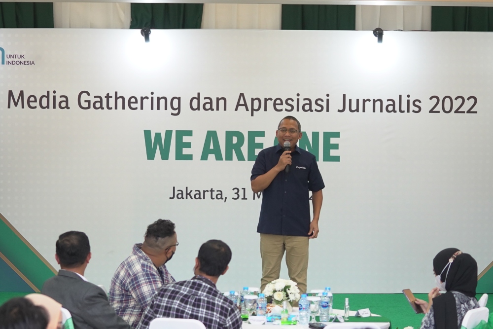 Direktur Utama PT Pegadaian Damar Latri Setiawan tengah memberikan sambutan dalam acara Media Gathering dan Apresiasi Jurnalis 2022 yang diselenggarakan Pegadaian di Jakarta, Senin 31 Mei 2022./dok.Pegadaian