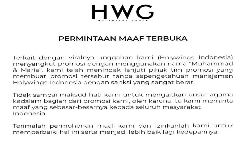  Ada Promo Minuman Gratis untuk Muhammad dan Maria, Holywings: Dibuat Tanpa Sepengetahuan Manajemen