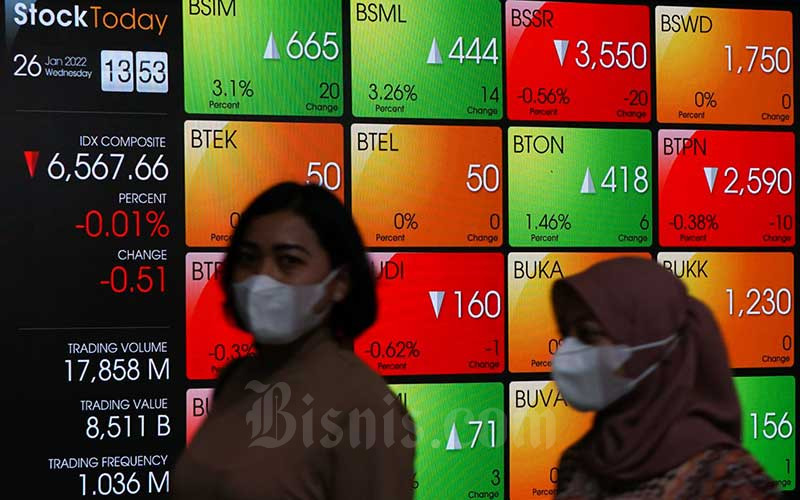 Karyawan melintas di dekat layar pergerakan Indeks Harga Saham Gabungan (IHSG) di Bursa Efek Indonesia (BEI), Jakarta, Rabu (26/1/2022). Bisnis/Suselo Jati