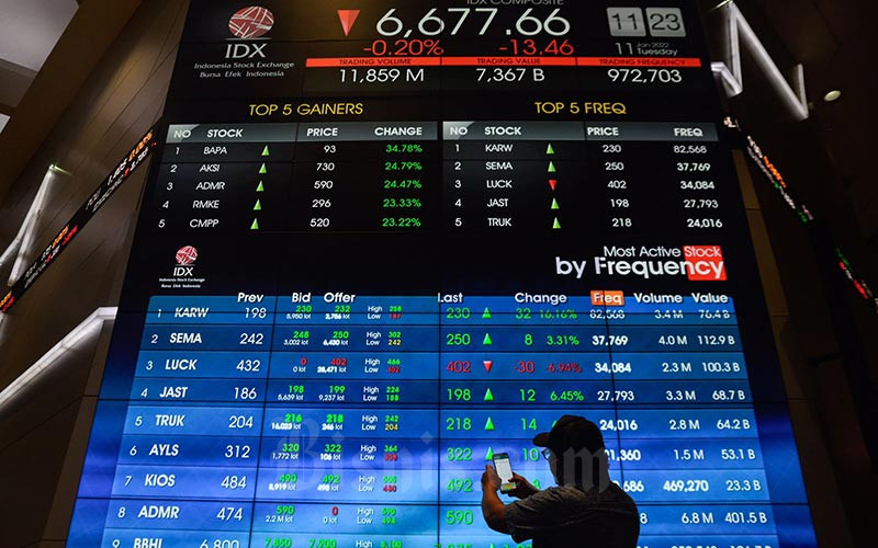 Karyawan berada di dekat layar pergerakan indeks harga saham gabungan (IHSG) di Bursa Efek Indonesia, Jakarta, Selasa (11/1/2022). Bisnis/Fanny Kusumawardhani