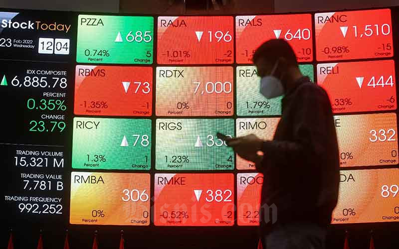 Pengunjung beraktivitas di depan papan elektronik yang menampilkan pergerakan Indeks Harga Saham Gabungan (IHSG) di Bursa Efek Indonesia, Jakarta, Rabu (23/2/2022). Bisnis/Eusebio Chrysnamurti