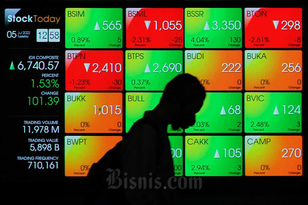 Karyawan melintas di depan layar pergerakan indeks harga saham gabungan (IHSG) di Bursa Efek Indonesia (BEI), Jakarta, Selasa (5/7/2022). Bisnis/Fanny Kusumawardhani 
