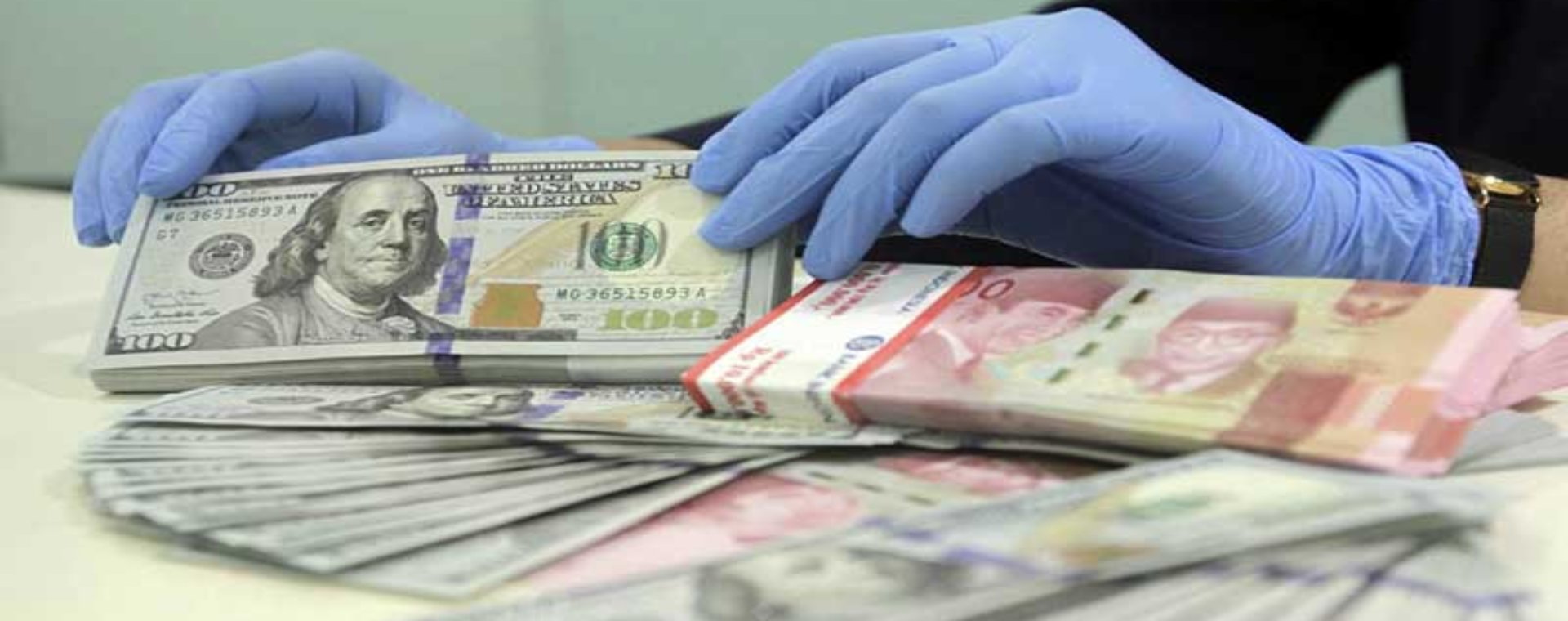 Karyawan merapikan uang dolar dan rupiah di salah satu bank di Jakarta, Kamis (14/1/2021). Bisnis/Himawan L Nugraha