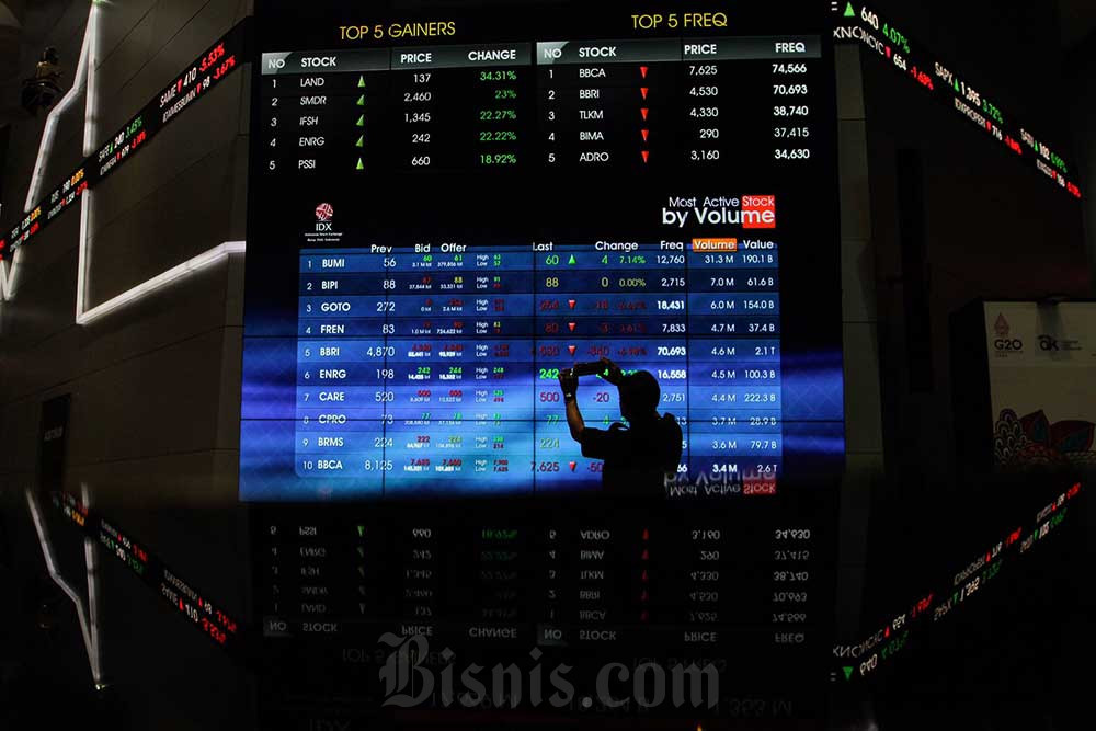 Karyawan beraktivitas di dekat layar pergerakan Indeks Harga Saham Gabungan (IHSG) di Bursa Efek Indonesia, Jakarta, Senin (9/5/2022).  Bisnis/Fanny Kusumawardhani