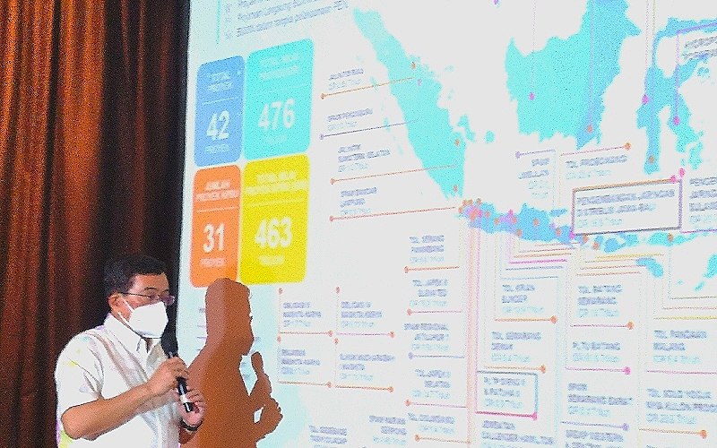 Direktur Utama PT Penjaminan Infrastruktur Indonesia (Persero) Muhammad Wahid Sutopo menjelaskan 42 proyek infrastruktur nasional yang telah masuk portofolio penjaminan PII per Mei 2022/Bisnis.com-Aziz R