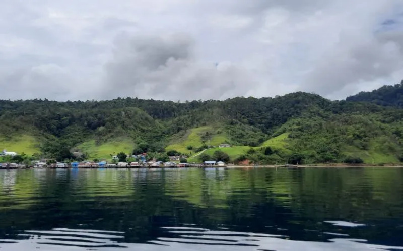 Panorama salah satu kampung pesisir di Teluk Wondama, Papua Barat dilihat dari laut./Antara-Zack Tonu B.