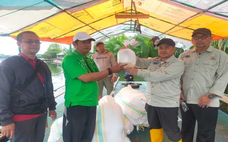Kepala Dinas Kelautan dan Perikanan Sulsel M. Ilyas menyerahkan bantuan benih undang windu kepada pembudidaya udang di Makassar, Kamis (14/7/2022)./Ist