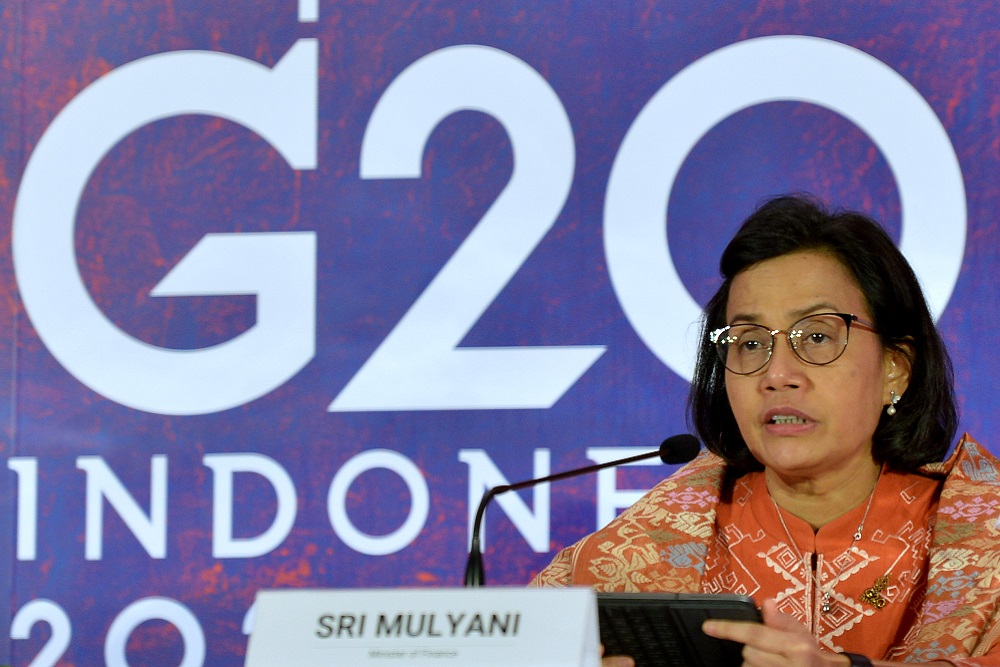 Menteri Keuangan RI Sri Mulyani saat konferensi pers penutupan Finance Minister and Central Bank Governors (FMCBG) G20 Nusa Dua, Bali pada Sabtu (16/7/2022)/Antara