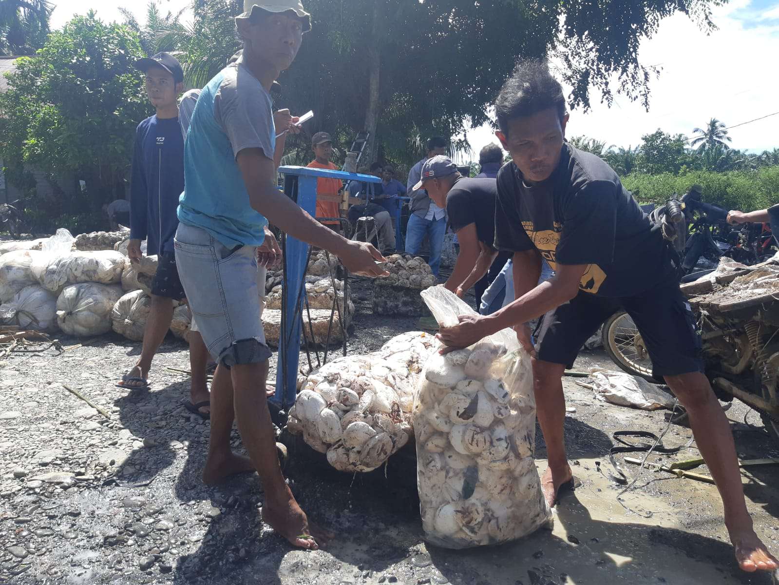 Petani menimbang karet sebelum dijual ke agen di Kecamatan Bahorok, Kabupaten Langkat, Sumatra Utara, Minggu (7/8/2022). / Nanda Fahriza Batubara
