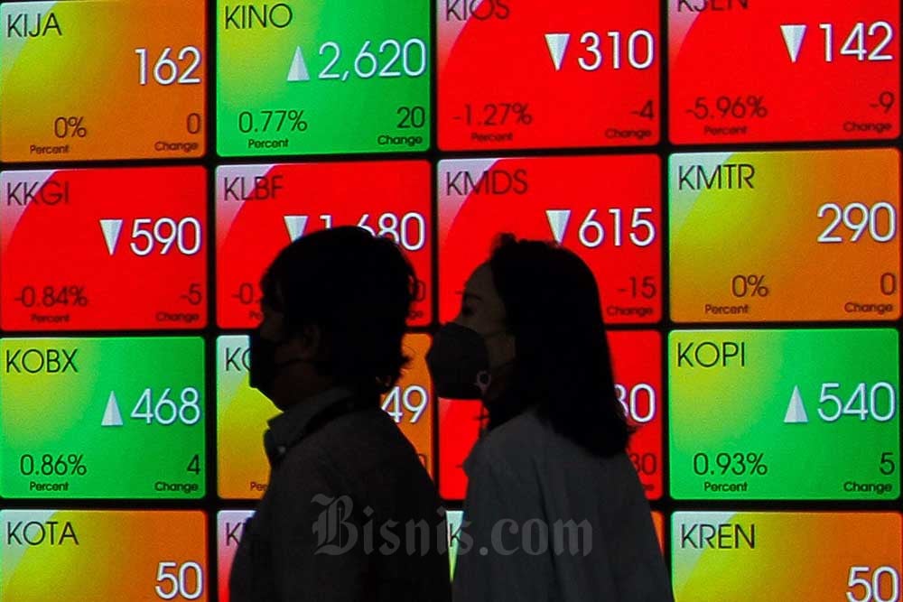 Karyawan melintas di dekat layar pergerakan indeks harga saham gabungan (IHSG) di Bursa Efek Indonesia (BEI), Jakarta, Selasa (26/7/2022). Bisnis/Fanny Kusumawardhani