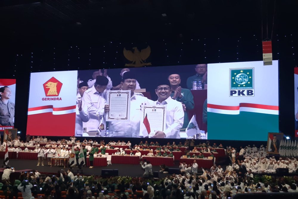 Partai Gerindra dan Partai Kebangkitan Bangsa (PKB) mendeklarasikan koalisi pada Pemilu 2024. Deklarasi berlangsung saat Rapimnas Gerindra 2022 di Sentul International Convention Center (SICC), Bogor, Sabtu (13/8/2022). JIBI/Bisnis-Surya Dua Artha Simanjuntak 