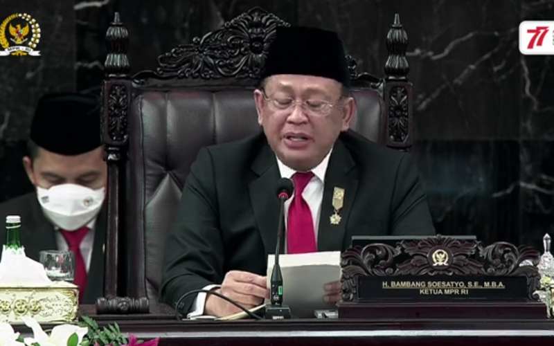 Ketua MPR RI Bambang Soesatyo berpidato dalam Sidang Tahunan MPR-RI dan Sidang Bersama DPR RI dan DPD RI Tahun 2022, Selasa (16/8/2022)./tangkapan layar MPR TV