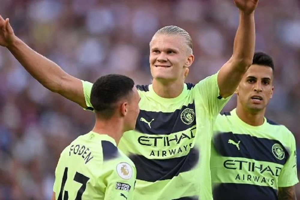 Selebrasi gol Erling Haaland dalam debut di Manchester City pada Liga Inggris  -  Reuters