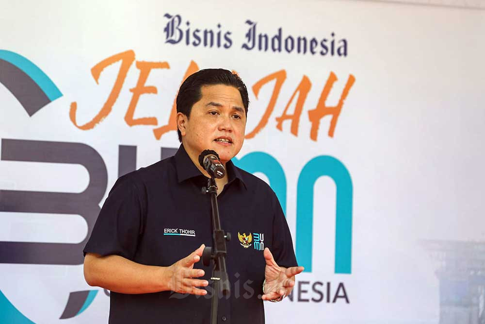 Menteri BUMN Erick Thohir memberikan sambutan saat acara pelepasan tim Jelajah BUMN 2022 di Jakarta, Rabu (14/9/2022). Bisnis/Arief Hermawan P