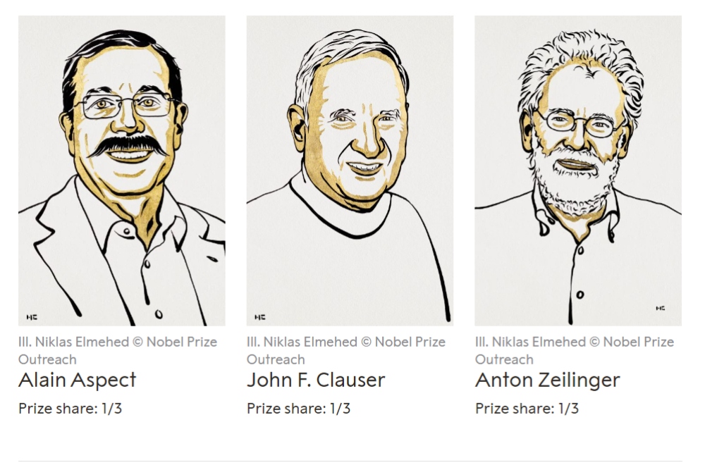 Alain Aspect, John F. Clauser, dan Anton Zeilinger meraih penghargaan nobel fisika atas karya mereka di bidang mekanika kuantum./nobelprize.org