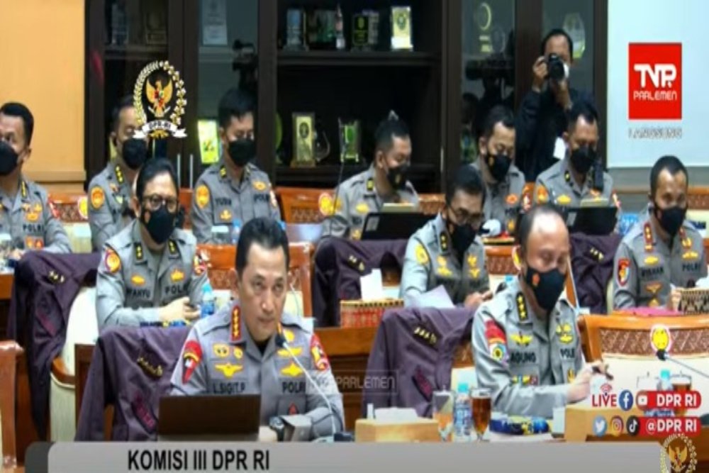 Kapolri Jenderal Pol Listyo Sigit Prabowo dalam rapat derngar pendapat dengan Komisi III DPR RI, Rabu (14/8/2022). JIBI/Bisnis-Nancy Juita