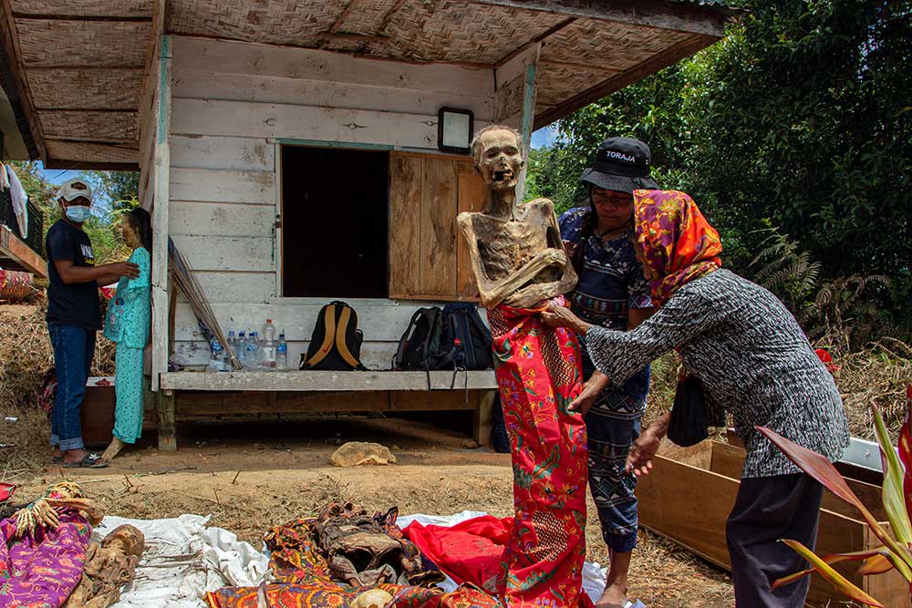 Sejumlah kerabat melakukan proses mengganti pakaian jenazah keluarganya saat ritual Manene di Lembang Ampang Batu, Kabupaten Toraja Utara, Sulawesi Selatan. Antara/Arnas Padda