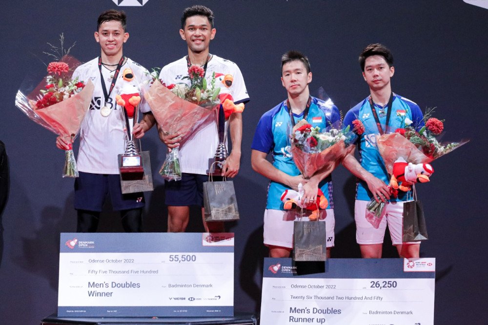 Dua ganda putra Indonesia, Fajar Alfian/Muhammad Rian Ardianto dan Marcus Fernaldi Gideon/Kevin Sanjaya Sukamuljo, bertarung di final Denmark Open 2022/PBSI