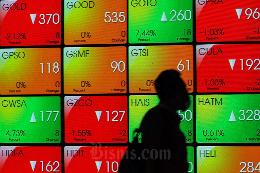 Karywan melintas di dekat layar pergerakan indeks harga saham gabungan (IHSG) di Bursa Efek Indonesia, Jakarta, Selasa (20/9/2022). Bisnis/Fanny Kusumawardhani