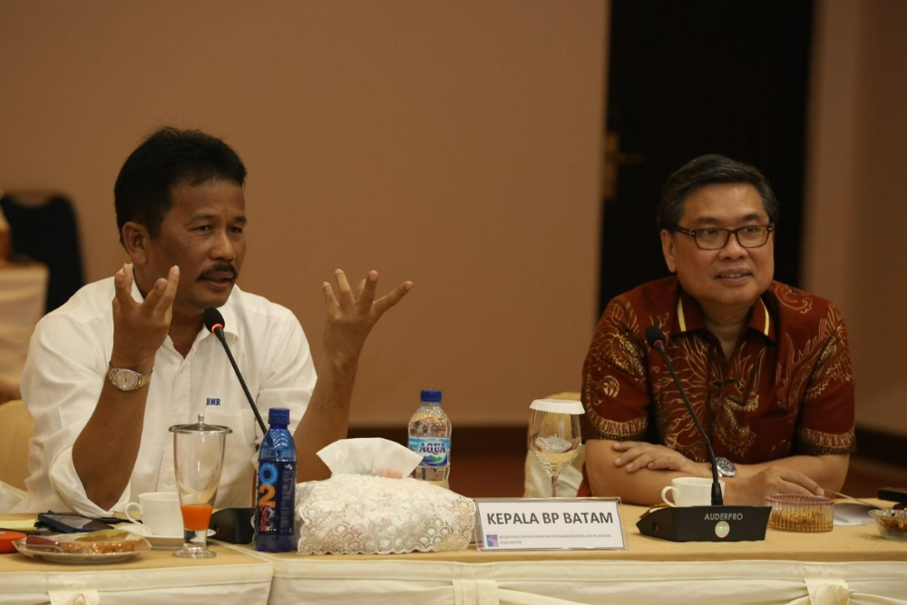 Kepala Badan Pengusahaan (BP) Batam Muhammad Rudi (kiri) menerima kunjungan rombongan Ketua Umum Asosiasi Himpunan Kawasan Industri (HKI) Indonesia Sanny Iskandar.