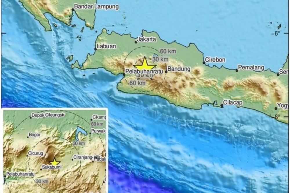 Ilustrasi lokasi gempa Cianjur dengan kekuatan M 5,6 hari ini, Senin (21/11/2022)/BMKG