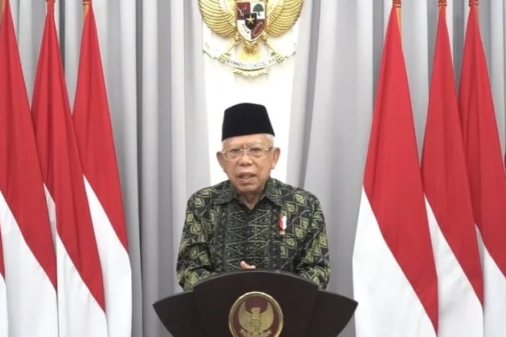 Wakil Presiden RI Maruf Amin menyampaikan ucapan Selamat Tahun Baru Islam 1444 H secara daring, yang dipantau di Jakarta, Sabtu (30/7/2022)./Antara