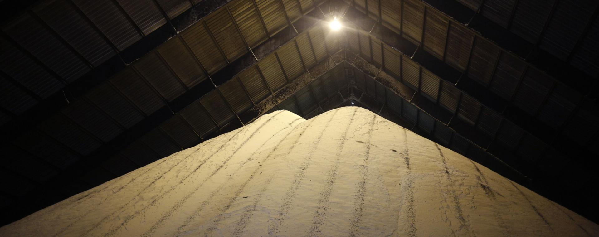 Tumpukan gula  mentah berada di dalam gudang setelah diproses di pabrik Lafourche Sugar LLC di Thibodaux, Louisiana, AS.  - Bloomberg. Kuota Impor Gula Mentah Bertambah di Tengah Ketatnya Pasokan Global