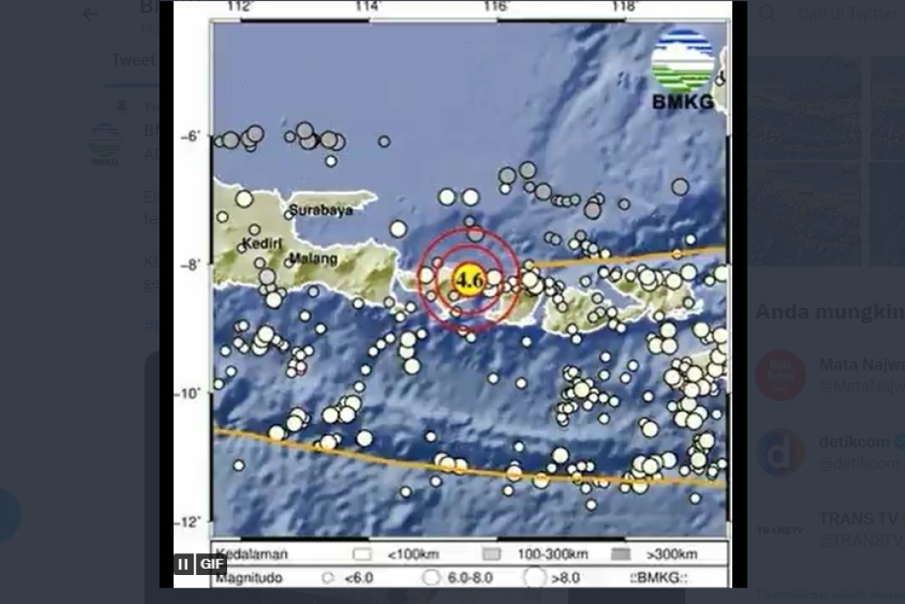 Gempa Bali dengan kekuatan 4,6 magnitudo./BMKG