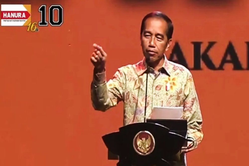 Presiden RI Joko Widodo saat menghadiri HUT Ke-16 Partai Hanura di Jakarta Convention Center, Jakarta, Rabu (21/12/2022)./Antara