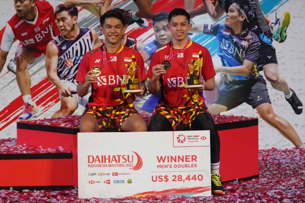 Selebrasi Fajar Alfian/Rian Ardianto saat menjadi juara Indonesia Masters 2022 / PBSI