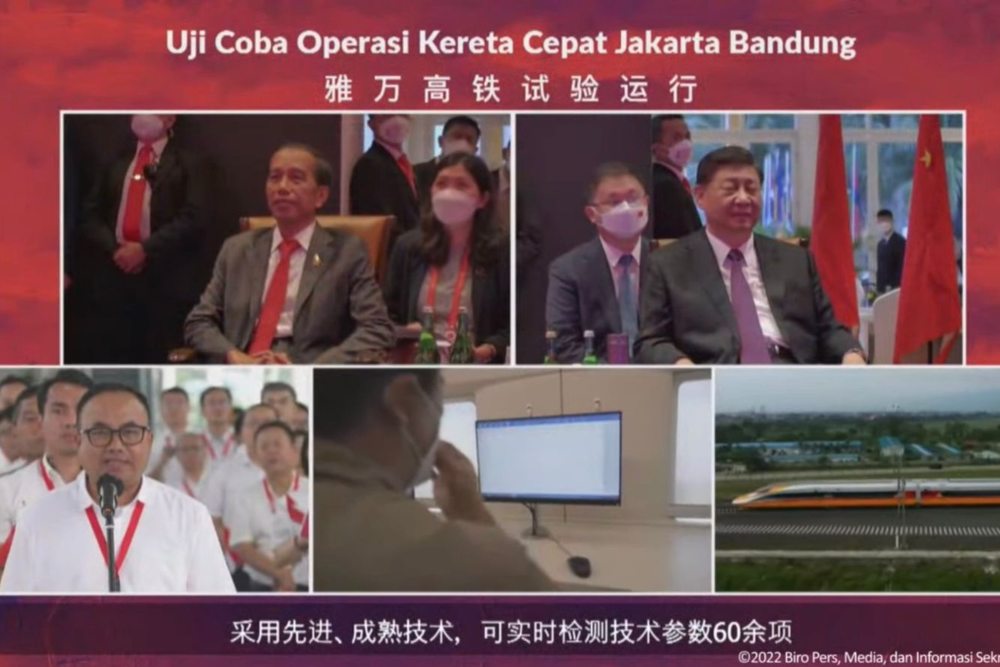 Presiden Joko Widodo (Jokowi) dan Presiden China Xi Jinping saat menyaksikan uji coba Kereta Cepat Jakarta-Bandung secara virtual dari Bali pada Rabu (16/11/2022) - Tangkapan layar Youtube Setpres RI.