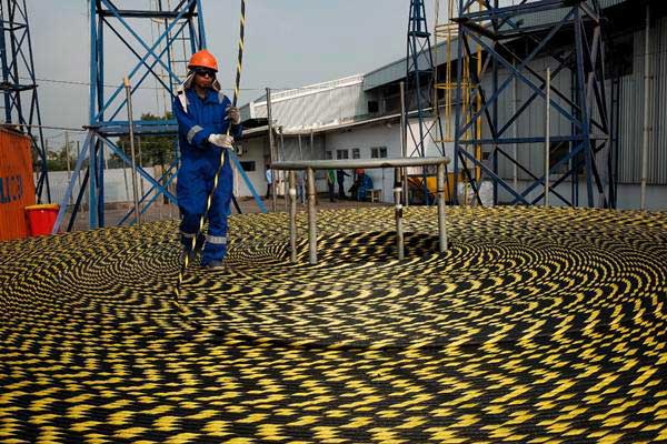 Pekerja mengawasi proses bongkar muat kabel serat optik proyek Palapa Ring Paket Timur di Cilegon, Banten, Selasa (5/6/2018)./JIBI-Felix Jody Kinarwan