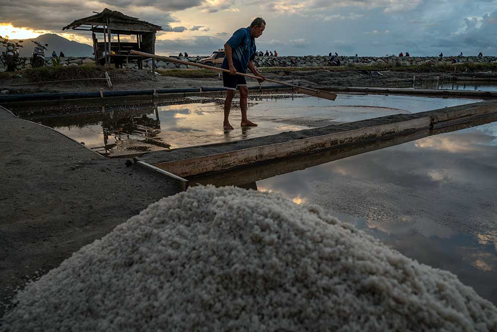 Petani memasukkan garam yang baru dipanen ke dalam karung di Palu, Sulawesi Tengah, Rabu (25/5/2022)./Antara-Basri Marzuki