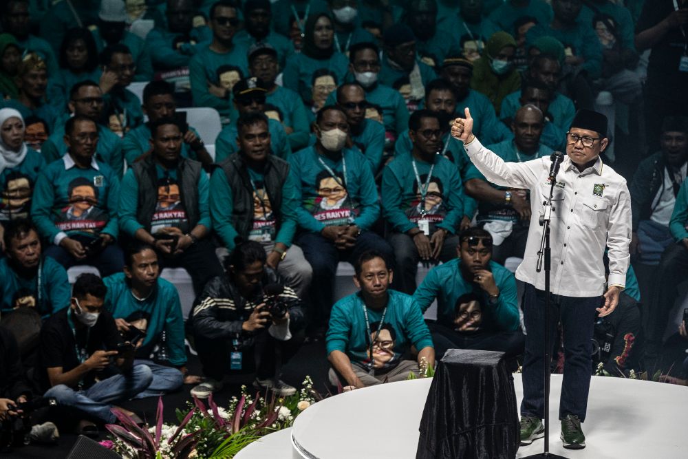 Ketua Umum PKB Muhaimin Iskandar menyampaikan pidato pada acara PKB Road To Election 2024 di Tennis Indoor Senayan, Jakarta, Minggu (30/10/2022). Acara itu dihadiri oleh para kader Partai Kebangkitan Bangsa (PKB) dari seluruh wilayah di Indonesia. ANTARA FOTO/Aprillio Akbar/aww.