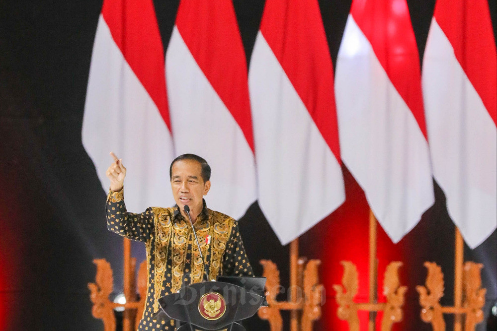 Presiden Joko Widodo memberikan pemaparan di Sentul, Bogor, Jawa Barat, Selasa (17/1/2023). Bisnis/Himawan L Nugraha
