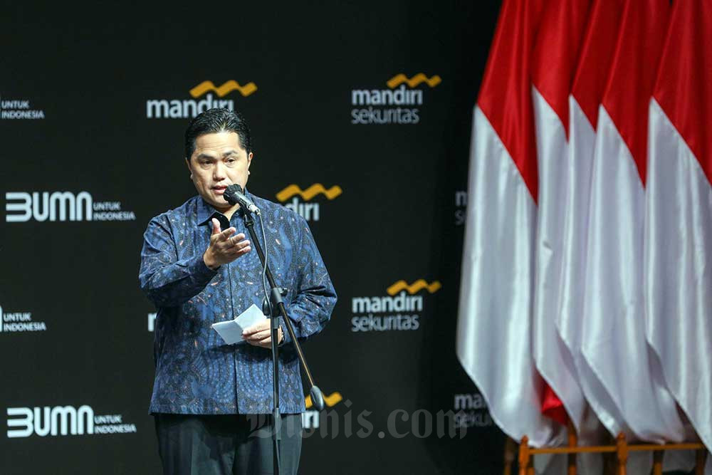 Menteri BUMN Erick Thohir memberikan paparan dalam acara Mandiri Investment Forum (MIF) 2023 di Jakarta, Rabu (1/2/2023). Bisnis/Suselo Jati