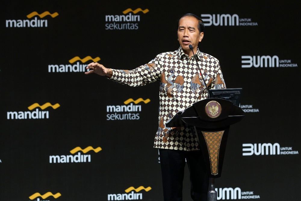 Presiden Joko Widodo memberikan paparan dalam acara Mandiri Investment Forum (MIF) 2023 di Jakarta, Rabu (1/2/2023). JIBI/Bisnis/Suselo Jati