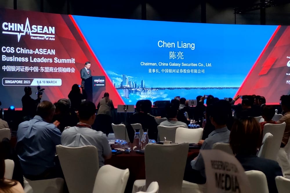 Chairman China Galaxy Securities Chen Liang mengatakan konferensi CGS China-ASEAN Leaders Summit bertujuan untuk menjadi gelanggang yang menyatukan para pemain kunci dari China dan ASEAN./Bisnis - Pandu Gumilar.