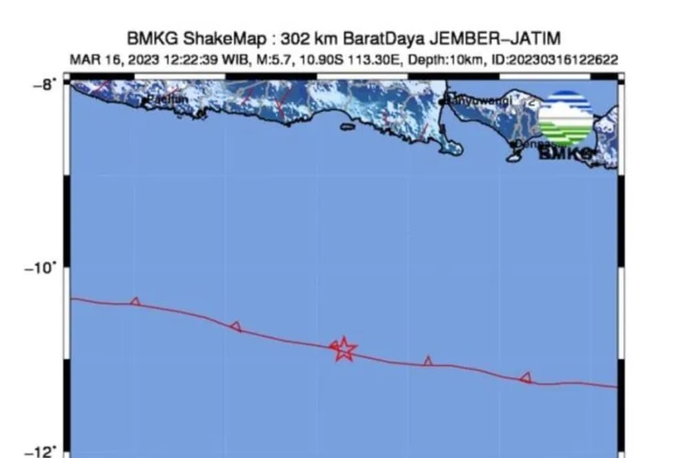  Gempa Bermagnitudo 5,7 di Jember Berpusat di Laut